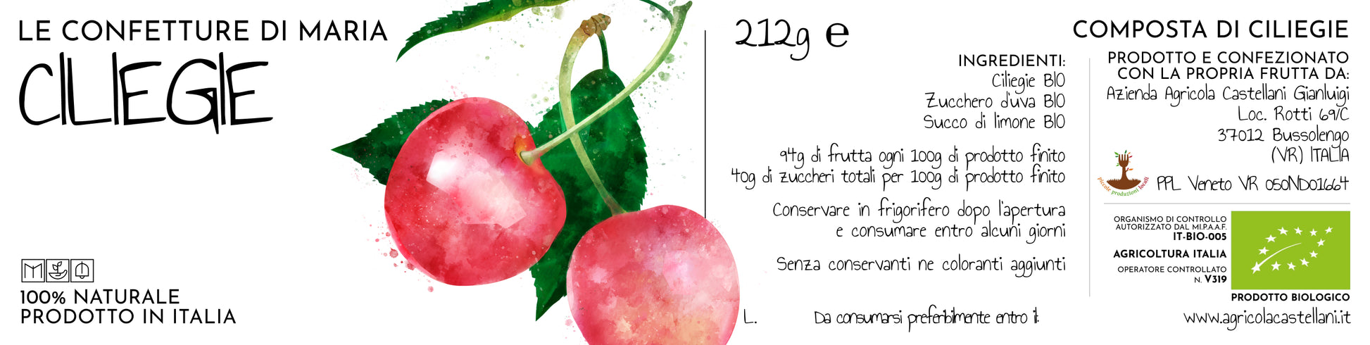 Label of Agricola Castellani Organic Cherry Marmalade, showcasing 100% Italian cherries, organic ingredients, and natural grape sugar sweetening